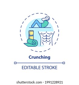 Crunching concept icon. At-home workout session idea thin line illustration. Building abdominal muscles. Getting six-pack abs. Vector isolated outline RGB color drawing. Editable stroke