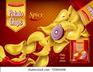 Crunchy 3d potato chips with onion and red chilli pepper. Realistic snack advertising and branding for pack or container. Spicy fried and seasoned eating snack. Product branding theme