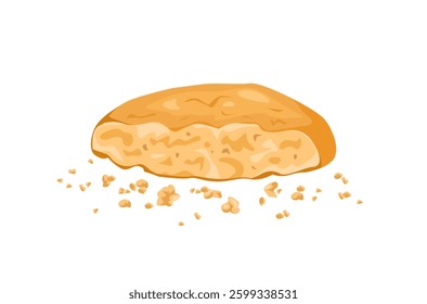 Crunchy biscuit and crumbs isolated on white background. Vector cartoon flat illustration of cookie piece.