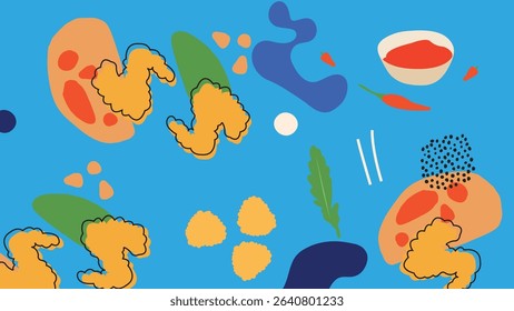 Crunchy chicken nuggets with chili, leaves, and dipping sauce elements on a bright blue background. Perfect for food flyers, promos, and digital visuals.