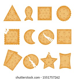 Crunchy cracker cookies flat vector illustrations set. Delicious biscuits design elements collection. Trafitional dry snacks isolated on white background. Healthy homemade pastries