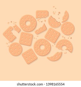 Crunchy crackers, cookies flat vector illustration. Hand drawn crispy snacks, delicious appetizers. Tasty baking, biscuit pieces and crumbs isolated on beige background. Pastry shop, bakery store