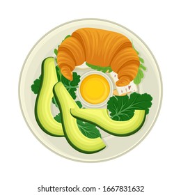 Crunchy Croissant Served on Plate with Sliced Avocado and Greenery Vector Illustration