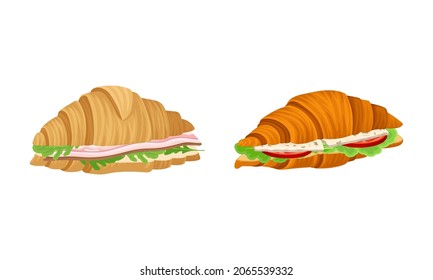 Crunchy croissants with various ingredients set. French croissant with mushroom, ham, cheese, sausage vector illustration