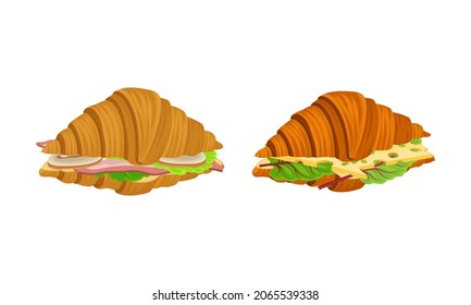 Crunchy croissants with various ingredients set. French croissant with ham, cheese, sausage, lettuce vector illustration