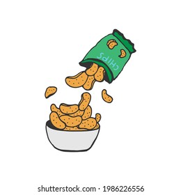 Crunchy Delight Vector: Capture the joy of snacking with this dynamic illustration. Featuring the pouring of chips into a bowl, this vector concept conveys the essence of a crunchy and delightful food