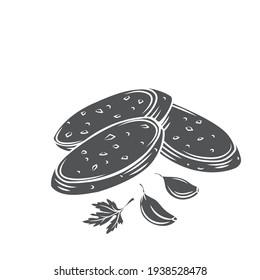 Crunchy garlic bread with garlic cloves and parsley glyph cut vector monochrome illustration of fried french baguette.