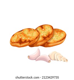 Crunchy Garlic Bread With Garlic Cloves. Vector Illustration Of Fried French Baguette