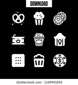 crunchy icon. 9 crunchy vector set. chip, fried chicken, popcorn and biscuit icons for web and design about crunchy theme