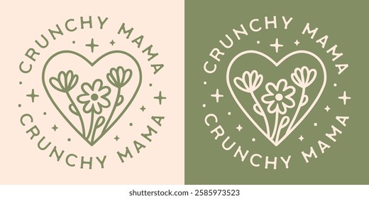 Crunchy mama mom homestead farm life mother's day gift homemaker trad wife club round badge sticker funny shirt design. Retro vintage cottagecore natural healthy lifestyle floral green aesthetic.