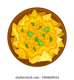 Crunchy Nachos with Cheese Sauce and Herbs on Plate as Traditional Mexican Dish Vector Illustration