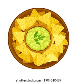 Nachos cortados con salsa de guacamole en placa como ilustración tradicional del vector de Dish mexicano