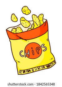 Crunchy potato chips crisp fastfood snack isolated on white