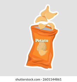 Crunchy Potato Chips Pack Vector Sticker. A fun vector illustration of a potato chips bag with crispy chips flying out. Perfect for food stickers, packaging, and snack-themed designs