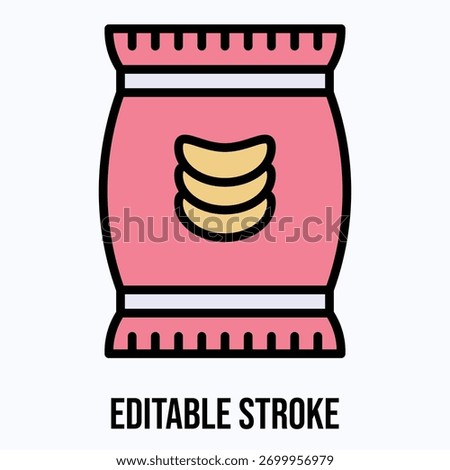 Crunchy Potato Chips Packet with Snack Label and Crisp Texture Isolated Vector Lineal Color Style Icon Editable Stroke.