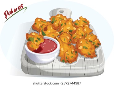Crunchy Potato Pakoras Served on Rustic Wooden Board with Ketchup. Authentic Indian Street Fried Fritters Illustration.