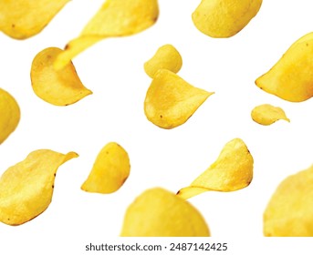 Crunchy salty fried or baked potato chip flying in air. Realistic 3d vector illustration of background with yellow wavy slice crisp snack. Unhealthy fast food and junk appetizer dish with spice.