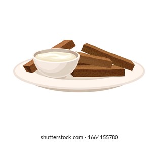 Crunchy Sticks of Baked Bread with Cream Sauce Vector Illustration