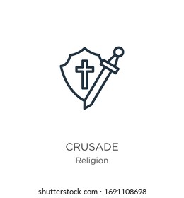 Crusade icon. Thin linear crusade outline icon isolated on white background from religion collection. Line vector sign, symbol for web and mobile