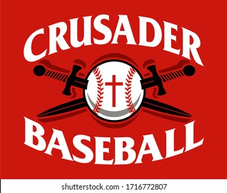 crusader baseball team design with ball and crossed swords for school, college or league