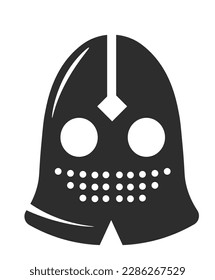 Crusader or fighter iron helmet for spots for eyes for mouth. Protective headpiece for men at war. Medieval or ancient warrior or knight equipment isolated monochrome icon. Vector in flat style