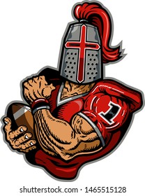 crusader football mascot holding ball in hand for school, college or league