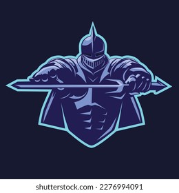 Crusader holding a sword, sport team emblem, vector. knight in armor. masked hero fighting in battle