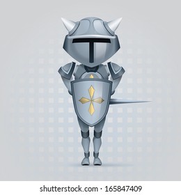 crusader knight with a big head is covered with a shield