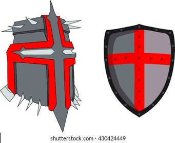Crusader knight helmet and shield