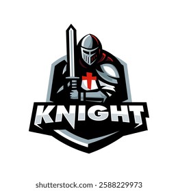 Crusader knight holding sword isolated white background logo design for team sports