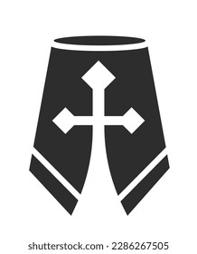 Crusader metal helmet protecting in battles and fights. Heaume or pot helm with cross in eye zone. Medieval or ancient warrior or knight equipment isolated monochrome icon. Vector in flat style