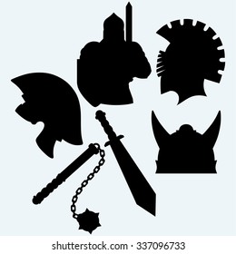 Crusader metallic knight's helmet, sword and mace. Isolated on blue background. Vector silhouettes