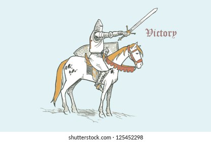 A crusader on the horse with a sword, the historical illustration.