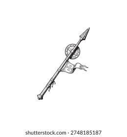 Crusader spear with shield and banner, historical weapon and symbol, detailed etching, black and white illustration.