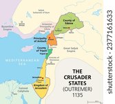 Crusader states at about 1135, map of Outremer, 4 Latin Catholic realms in the Levant, created after the First Crusade. Kingdom of Jerusalem, County of Edessa and Tripoli, and Principality of Antioch.