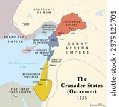 Crusader states, map of Outremer at about 1135. Four Latin Catholic realms in the Levant, created after First Crusade. Kingdom of Jerusalem, County of Edessa and Tripoli, and Principality of Antioch.