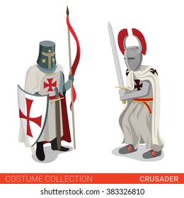 Crusader warrior medieval fighter couple. Flat 3d isometric web site vector illustration. People in traditional costume collection.