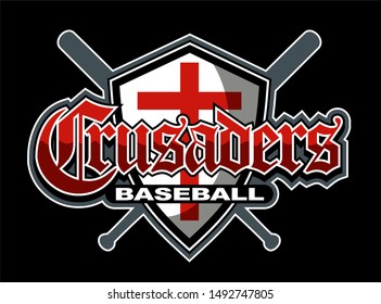 crusaders baseball team design with shield and crossed bats for school, college or league