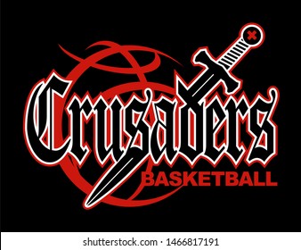 crusaders basketball team logo with ball and sword for school, college or league