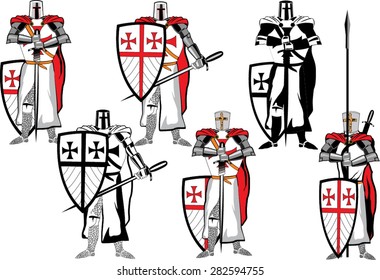 Crusaders figures with full eguipment and weapon swords and spears in their hands illustration. 