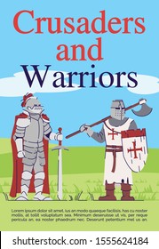 Crusaders and warriors brochure template. Medieval warfare flyer, booklet, leaflet concept with flat illustrations. Military ranks page layout for magazine. Advertising invitation with text space