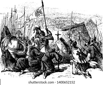 Crusaders were a series of military campaigns of a religious character waged by much of Christian Europe against external and internal opponents, vintage line drawing or engraving illustration.