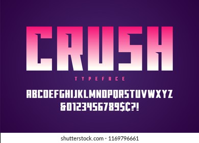 Crush display font design, alphabet, typeface, letters and numbers, typography.