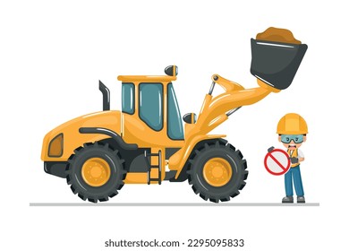 Crush hazard hazard from front loader bucket. Forbidden to be located below. Safety sign and pictogram. Prevention of work accidents. Security First. Industrial safety and occupational health at work