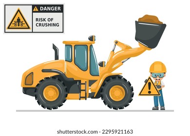 Crush hazard hazard from front loader bucket. Safety sign and pictogram. Prevention of work accidents. Security First. Industrial safety and occupational health at work