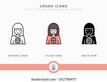 Crush icons set vector illustration with solid icon line style. Wedding love romance concept. Editable stroke icon on isolated background for web design, user interface, and mobile application