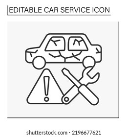  Crush line icon. Broken car due to car crash. Car service concept. Isolated vector illustration. Editable stroke