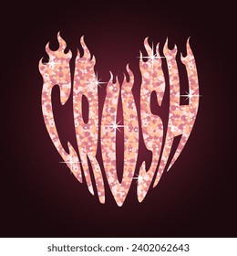 Crush. Sparkling inscription made of sparkles, in the shape of a heart. Flame on letters. for Valentines Day. Trendy color Peach Fuzz. Y2k style.
