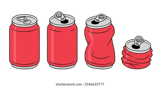 Crushed aluminum can drawing set. Simple red soda or beer can design. Vector illustration.