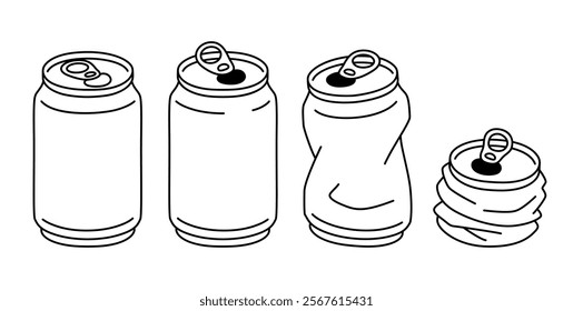 Crushed aluminum can outline drawing set. Simple black and white line art design. Vector illustration, hand drawn doodle.